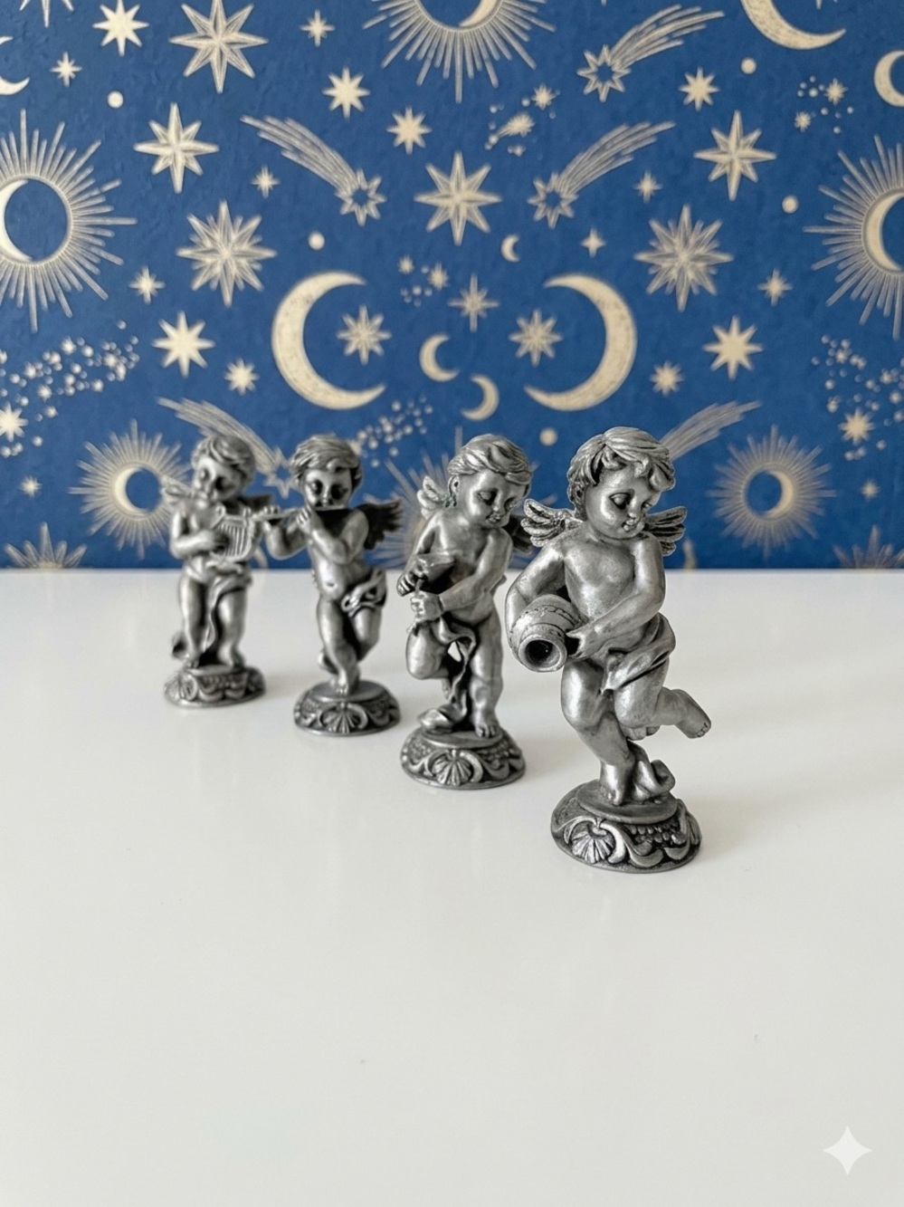 Vintage Pewter Angels Cherubs SUN Made In Taiwan Set of 4